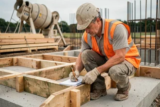 Ouvrier sur chantier mesurant le coffrage en bois pour calculer le volume de béton à commander