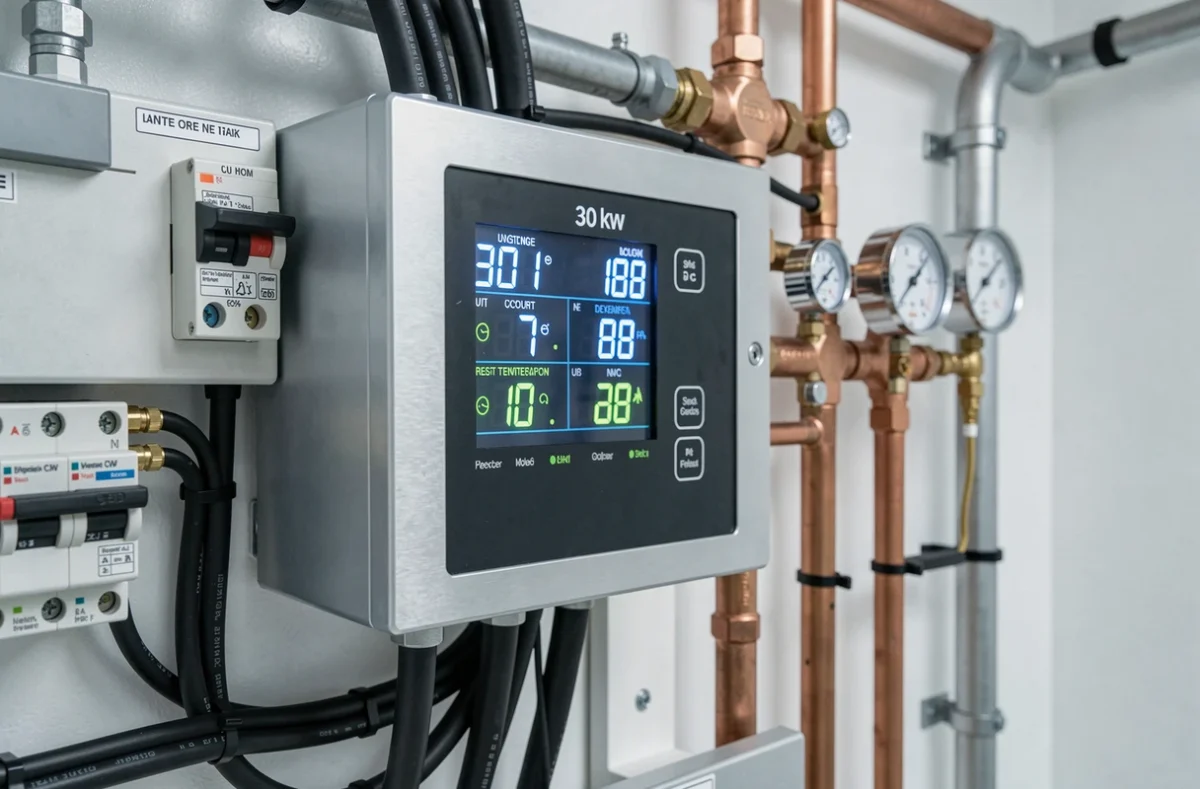 Panneau de commande numérique d'une pompe à chaleur 30 kW avec affichage de la température et des indicateurs de fonctionnement