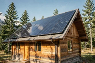 Panneau solaire 100W 12V installé sur le toit d'un chalet en bois en montagne avec forêt de pins en arrière-plan