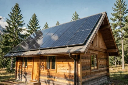 Panneau solaire 100W 12V installé sur le toit d'un chalet en bois en montagne avec forêt de pins en arrière-plan