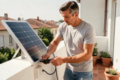 Homme connectant un panneau solaire plug and play à une prise électrique sur un balcon résidentiel