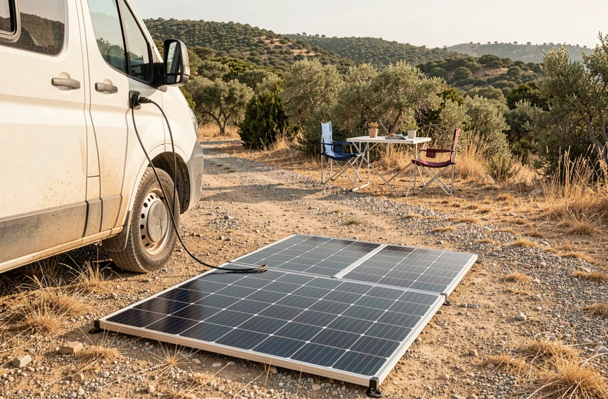 Panneau solaire portable 100W 12V posé au sol à côté d'un van aménagé lors d'un camping en plein air