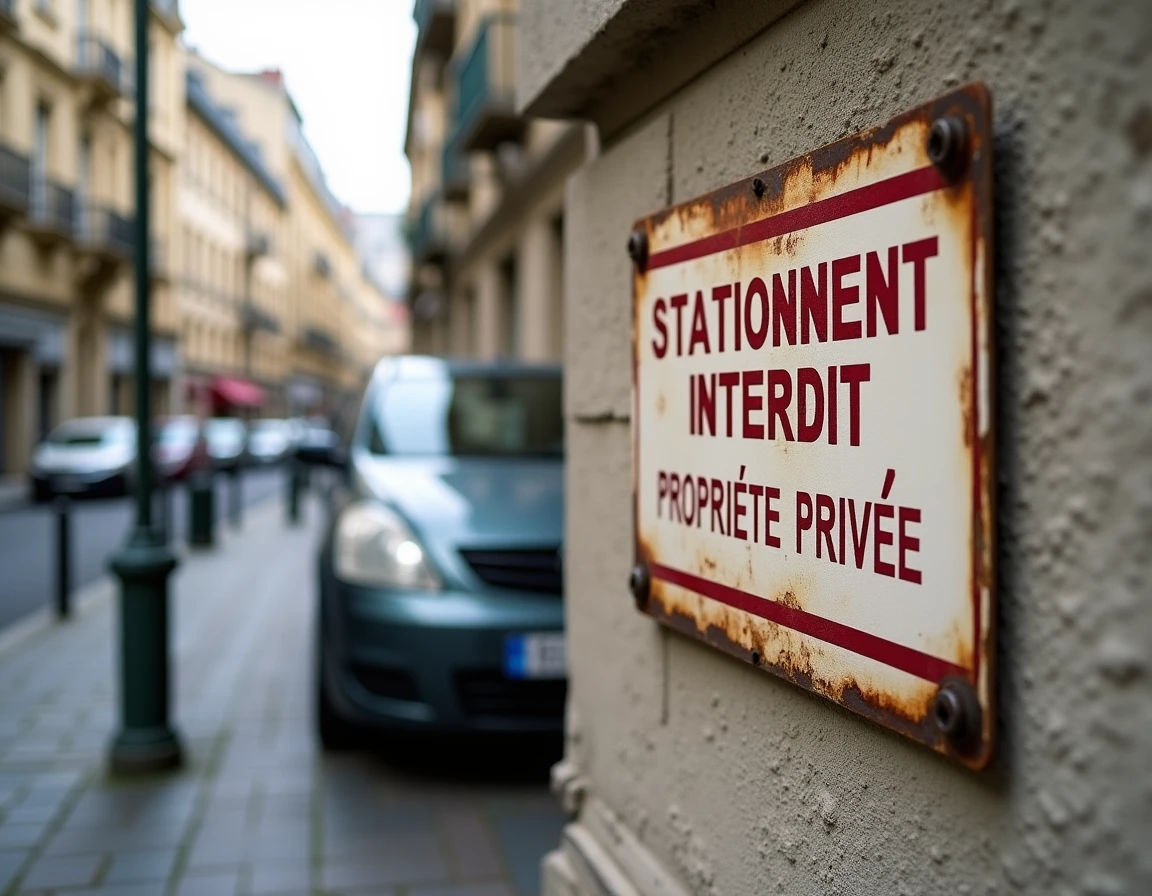 Panneau stationnement interdit propriété privée sur mur d'immeuble avec voiture garée illégalement en dessous