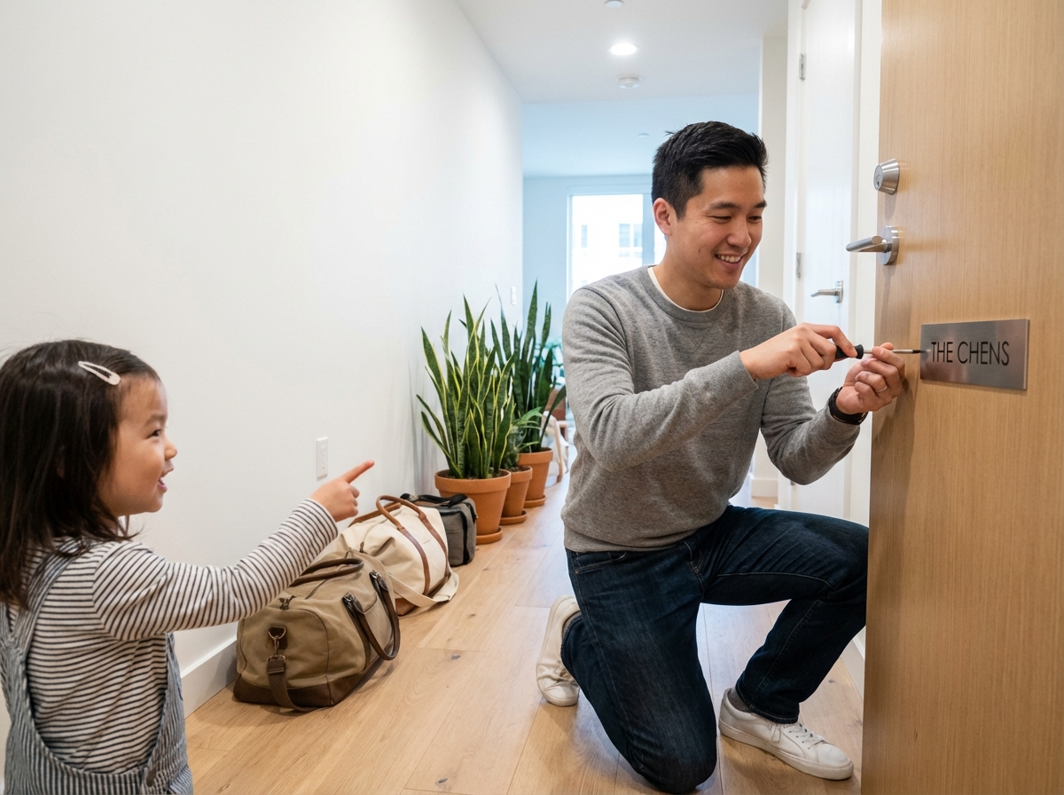 Père et fille accrochant une plaque de nom dans un appartement moderne