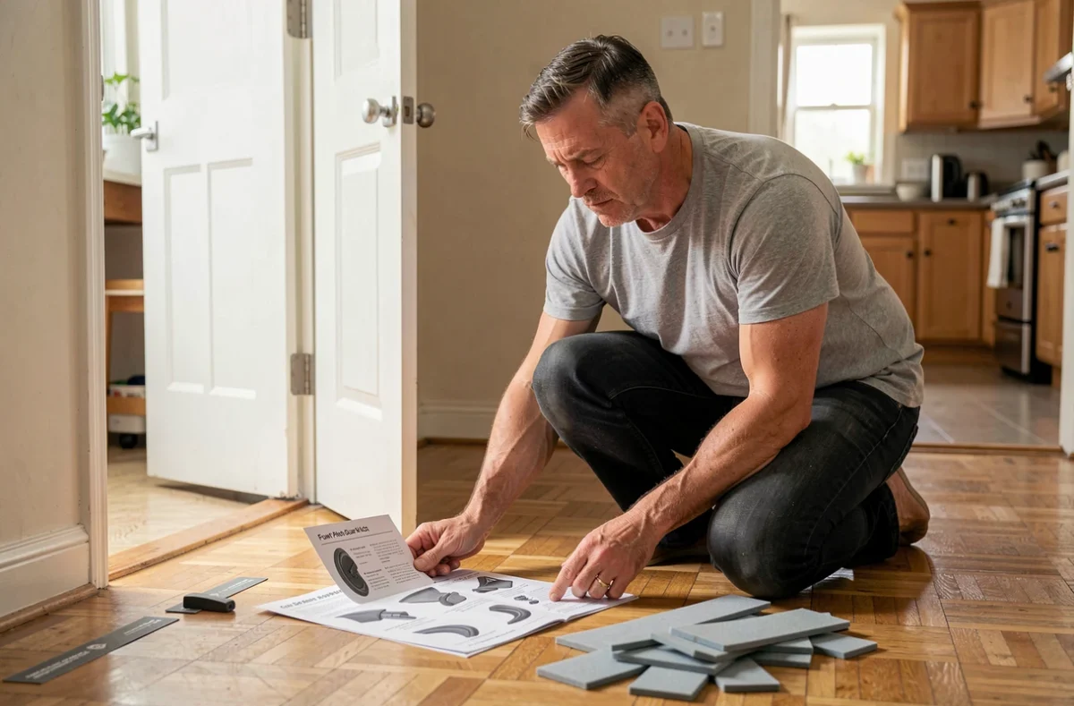 Papa qui lit les instructions d'un kit anti pince doigt pose sans perçage posé sur le parquet