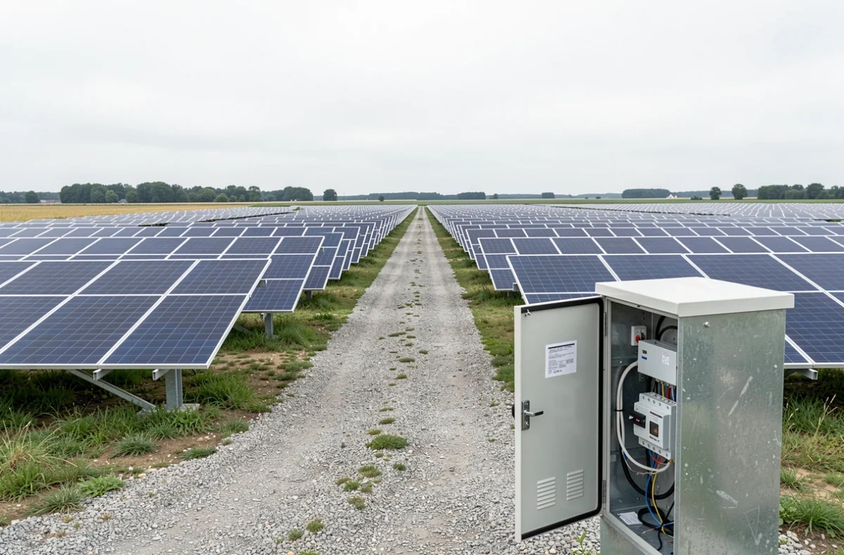 Parc solaire triphasé au sol en milieu agricole rural avec armoire électrique ouverte