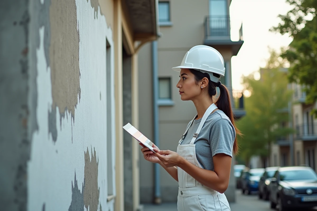 Peintre professionnelle évaluant l'état d'une façade d'immeuble en copropriété avant travaux