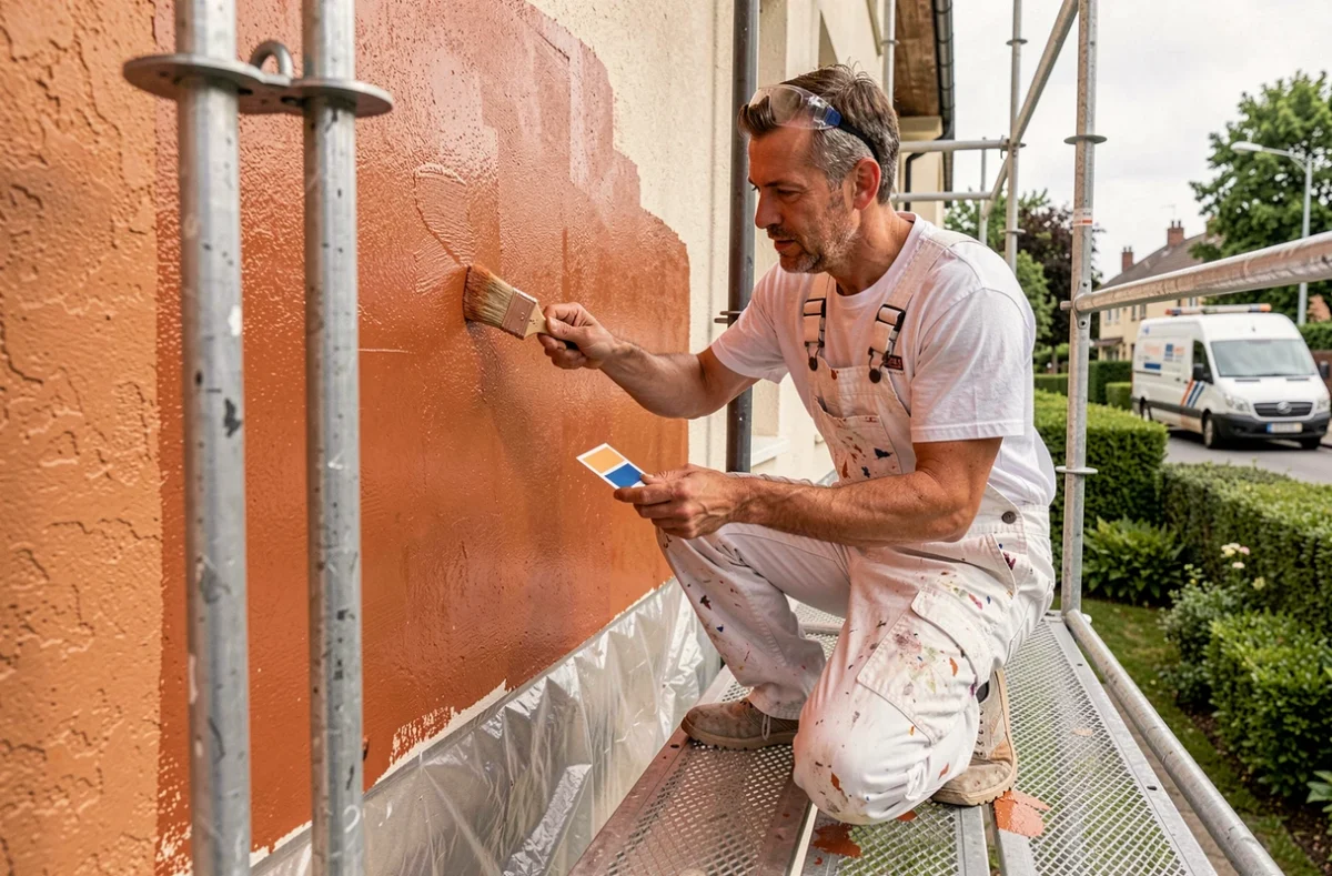 Peintre en bâtiment sur un échafaudage appliquant de la peinture de couleur RAL 2900 sur une façade résidentielle et vérifiant la teinte avec un nuancier