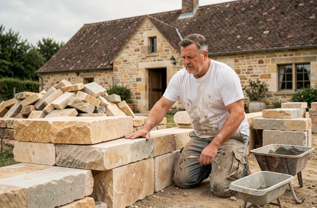 Maçon de Pignoux Maçonnerie posant des blocs de calcaire pour une extension de mur en Charente rurale