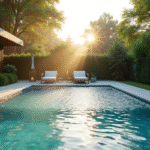 Piscine couverte dans jardin au lever du soleil avec brume