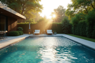 Piscine couverte dans jardin au lever du soleil avec brume