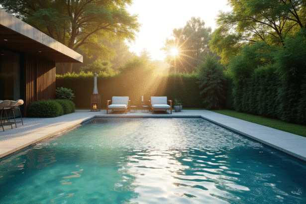 Piscine couverte dans jardin au lever du soleil avec brume