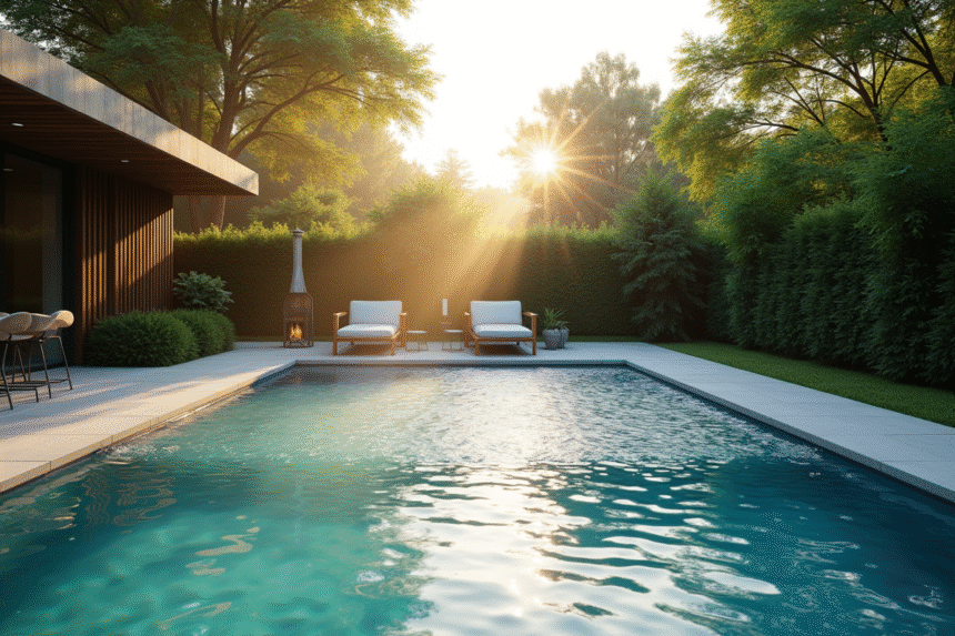 Piscine couverte dans jardin au lever du soleil avec brume