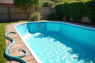 Piscine hors sol vide dans un jardin ensoleille