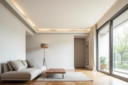 Plafond en toile tendue blanc mat dans un salon moderne avec décoration minimaliste et parquet en bois