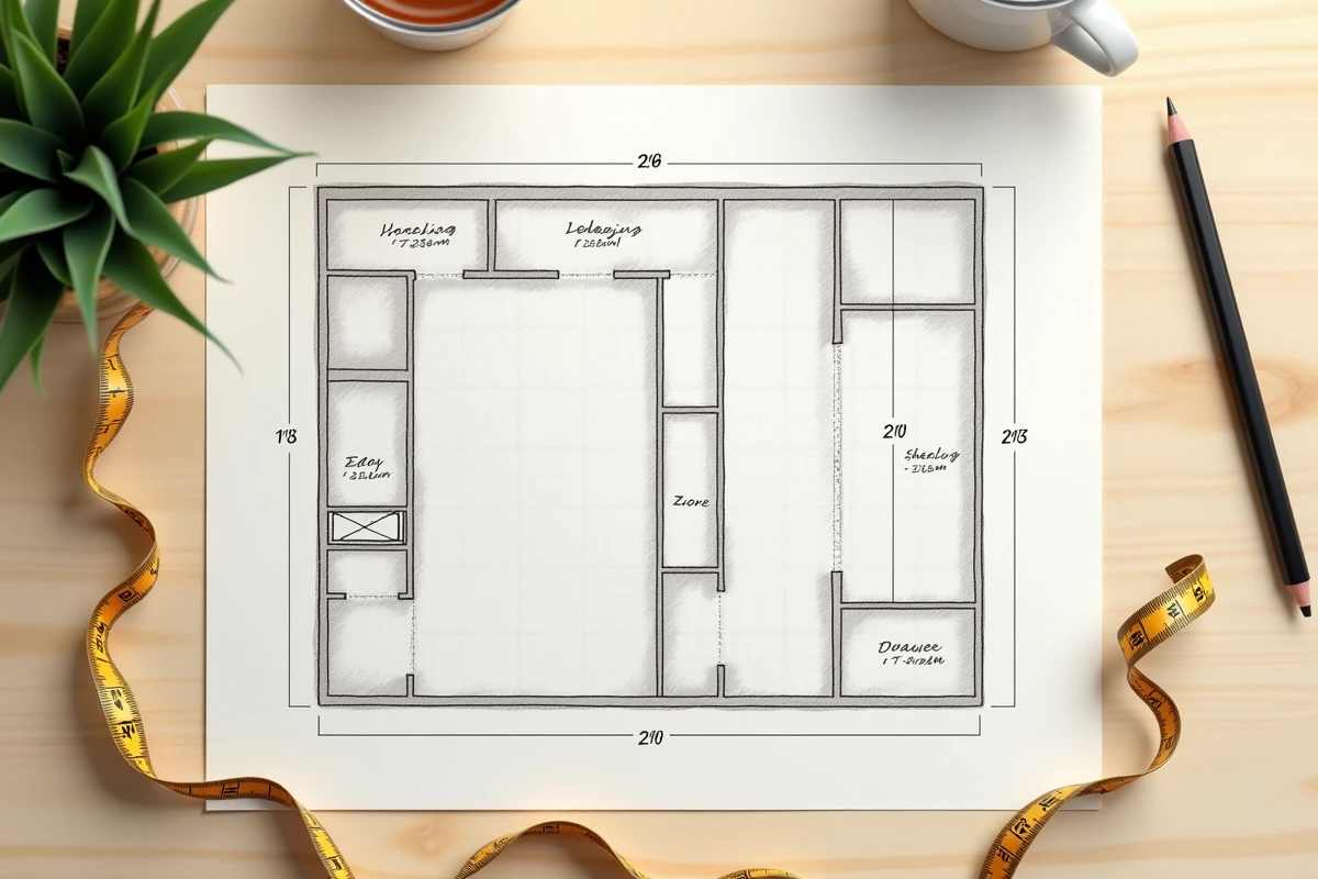 Plan de dressing pour deux personnes avec dimensions et annotations au crayon sur papier