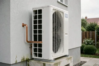Pompe à chaleur 30 kW installée en extérieur sur la façade d'une maison contemporaine avec tuyauterie en cuivre apparente