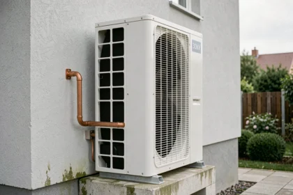 Pompe à chaleur 30 kW installée en extérieur sur la façade d'une maison contemporaine avec tuyauterie en cuivre apparente