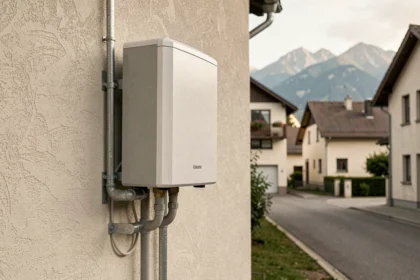 Pompe à chaleur air-eau installée en extérieur sur une maison résidentielle à Oyonnax avec paysage jurassien en arrière-plan