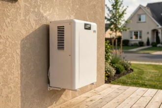 Pompe à chaleur air-eau installée sur la façade extérieure d'une maison pavillonnaire moderne