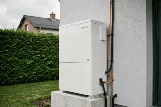Pompe à chaleur air-eau Hitachi installée en extérieur sur la facade d'une maison contemporaine