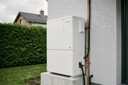 Pompe à chaleur air-eau Hitachi installée en extérieur sur la facade d'une maison contemporaine