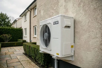 Pompe à chaleur réversible installée sur la façade extérieure d'une maison moderne