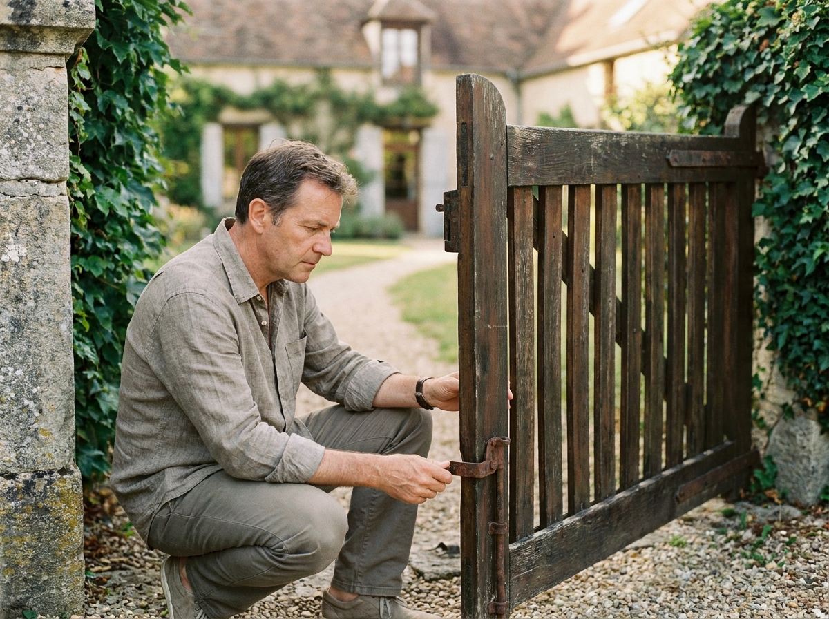 Homme examinant la charnière d'un portail battant en bois à l'entrée d'une maison de campagne