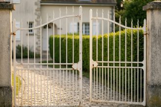 Portail battant blanc en fer forgé à l'entrée d'une maison pavillonnaire avec allée en pierre