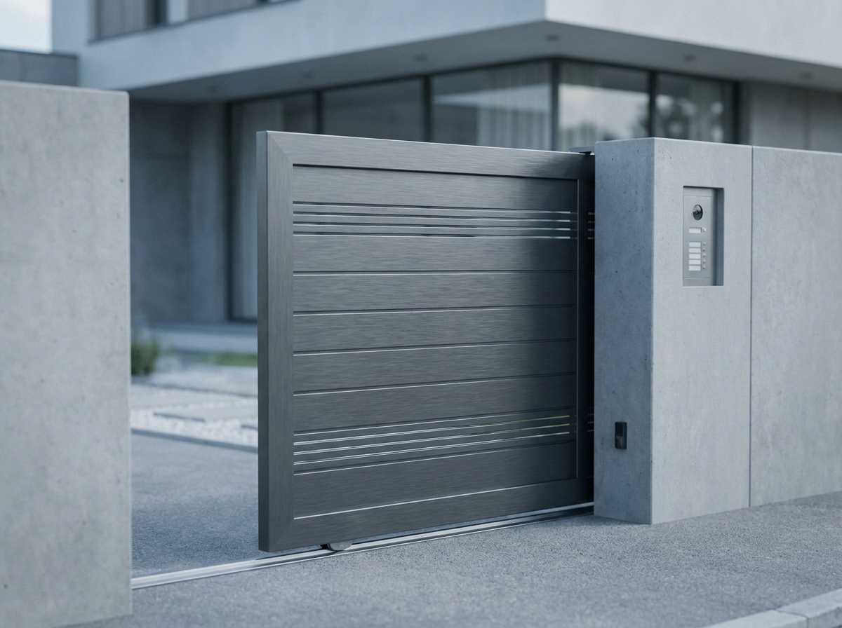 Portail coulissant en aluminium gris anthracite sur rail au sol devant une maison contemporaine