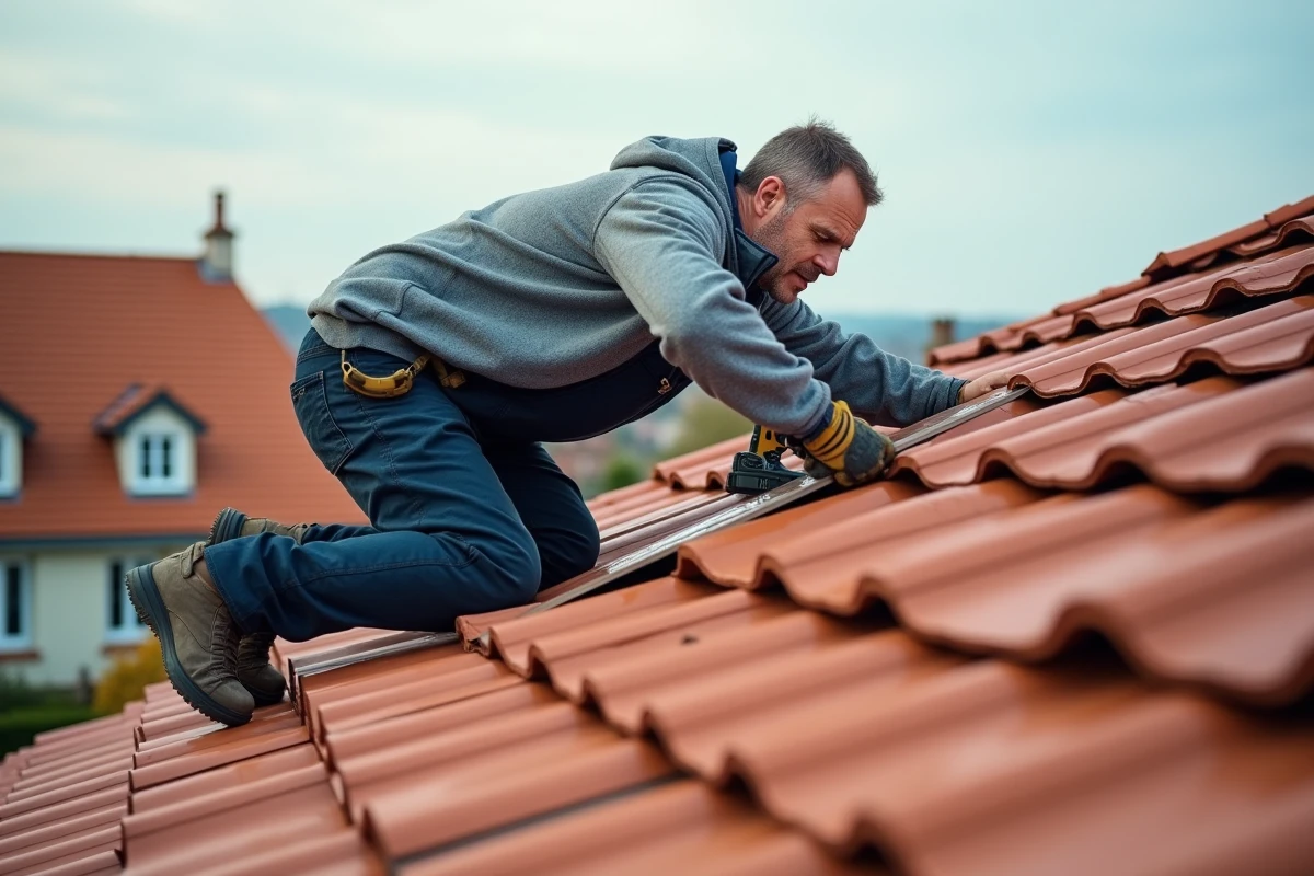 Couvreur professionnel installant des bacs acier imitation tuiles en terre cuite sur une toiture en pente dans une maison de banlieue française