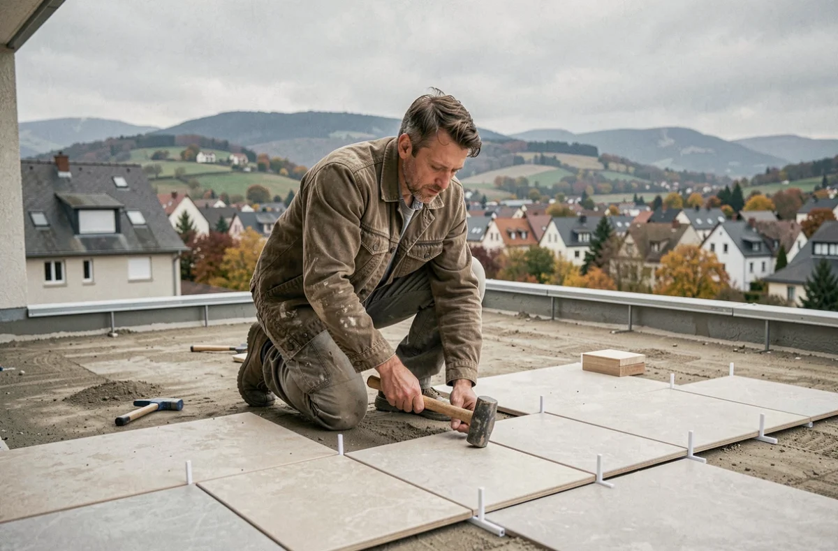 Carreleur proche de Belfort posant des dalles extérieures antidérapantes sur une terrasse résidentielle avec vue sur le paysage vosgien