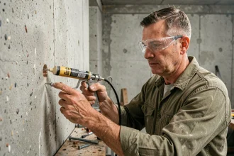 Homme utilisant un pistolet à cartouche manuel pour injecter une cheville chimique dans un mur en béton brut
