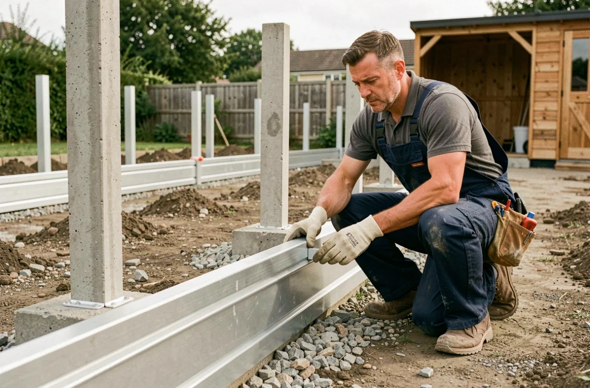 Installateur posant une cornière aluminium sur un panneau de clôture de jardin lors d'une pose professionnelle