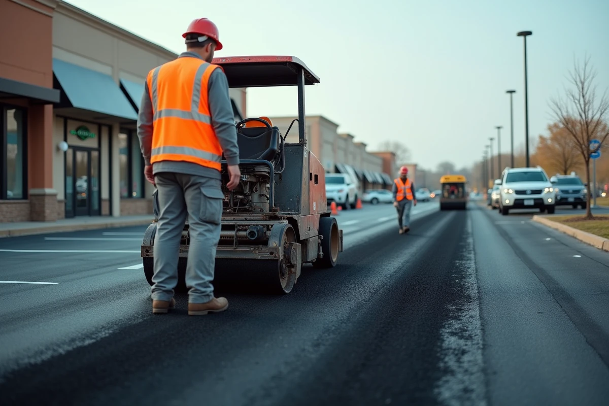 Ouvrier en gilet haute visibilité opérant un finisseur d'asphalte drainant lors de la réfection d'un parking commercial, avec d'autres travailleurs en arrière-plan
