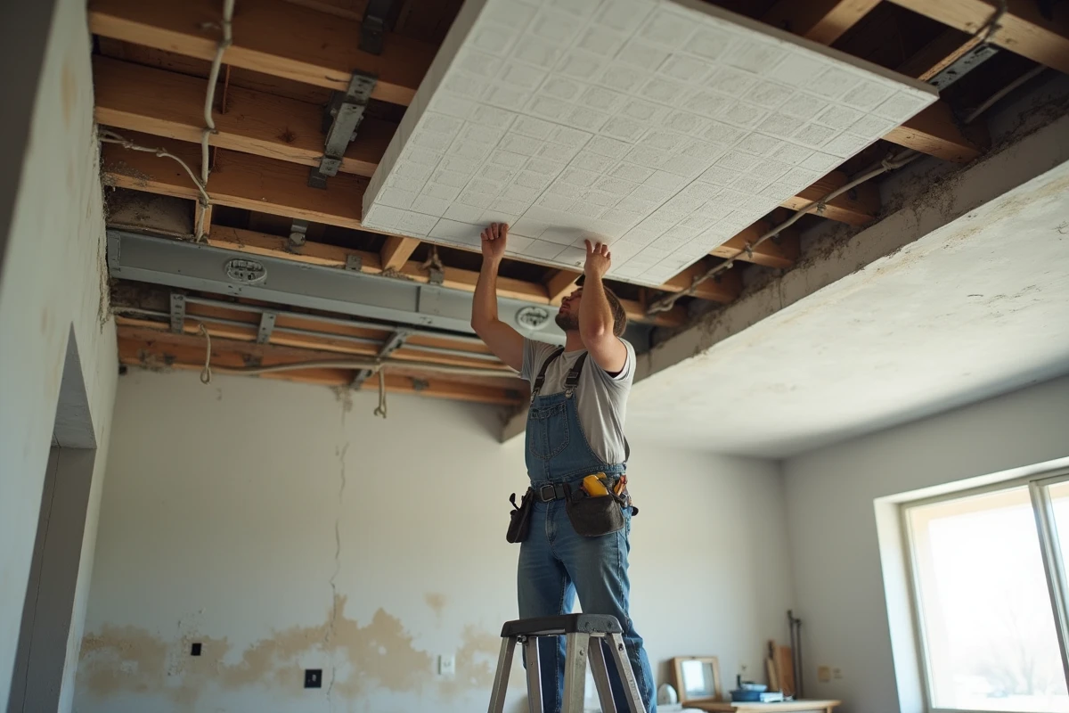 Artisan posant un faux plafond classique à dalles minérales dans une cuisine en cours de rénovation