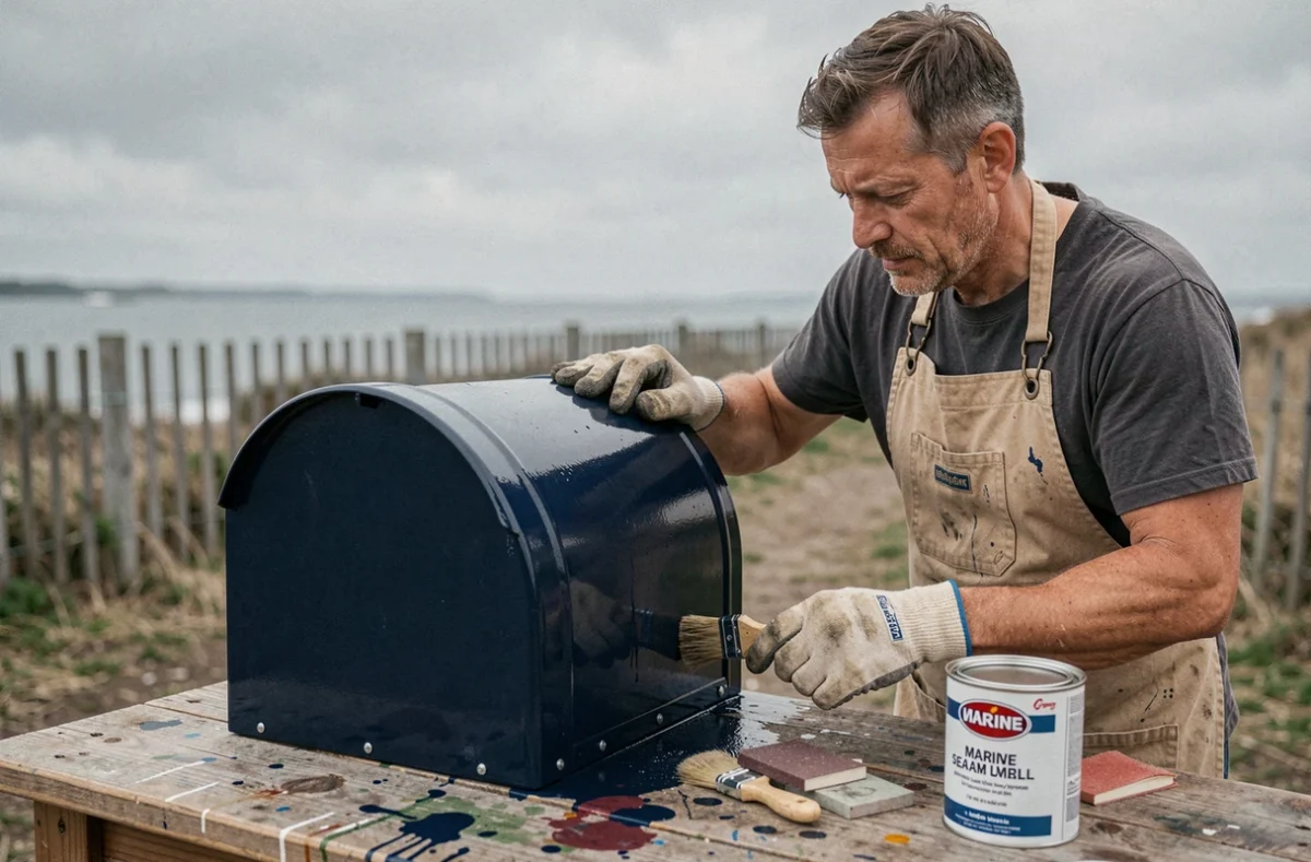 Artisan appliquant un revêtement époxy marin sur une boîte aux lettres en atelier extérieur côtier pour résistance au sel et au vent