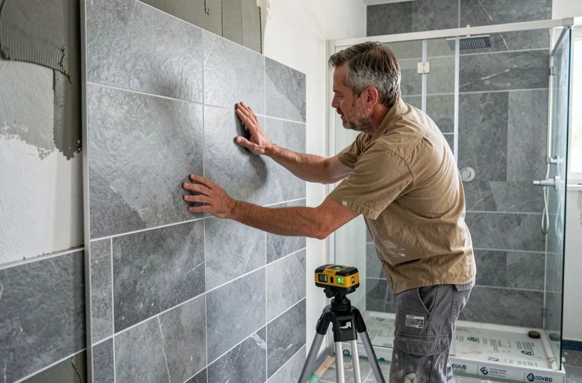 Poseur de revêtements muraux du Doubs installant de grands carreaux effet pierre dans une douche à l'italienne avec niveau laser
