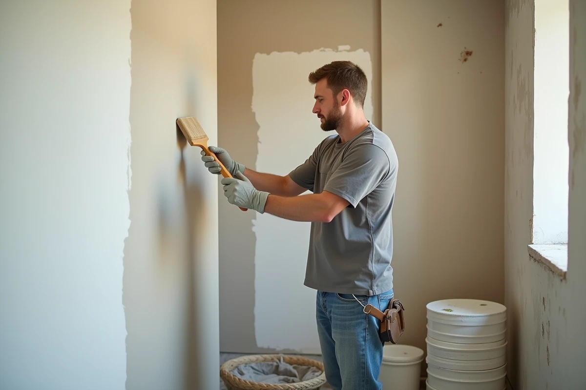 Ouvrier posant une toile enduite sur un mur de salle de bain en cours de rénovation