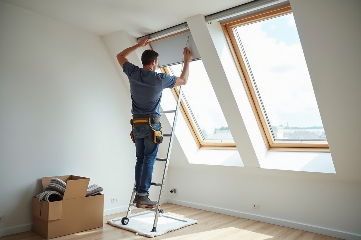 Artisan installant un volet Velux dans une chambre lumineuse en journée