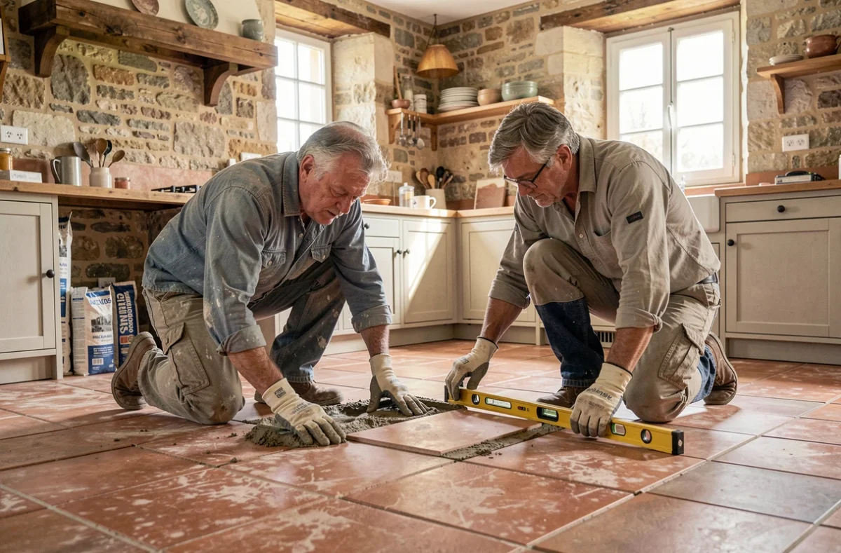 Deux artisans de Pozza et Fils posant des carreaux en terre cuite dans une cuisine en cours de rénovation