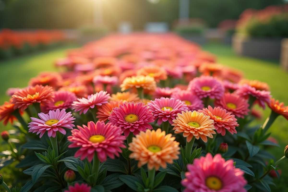Gros plan sur un lit de fleurs en V dans le jardin