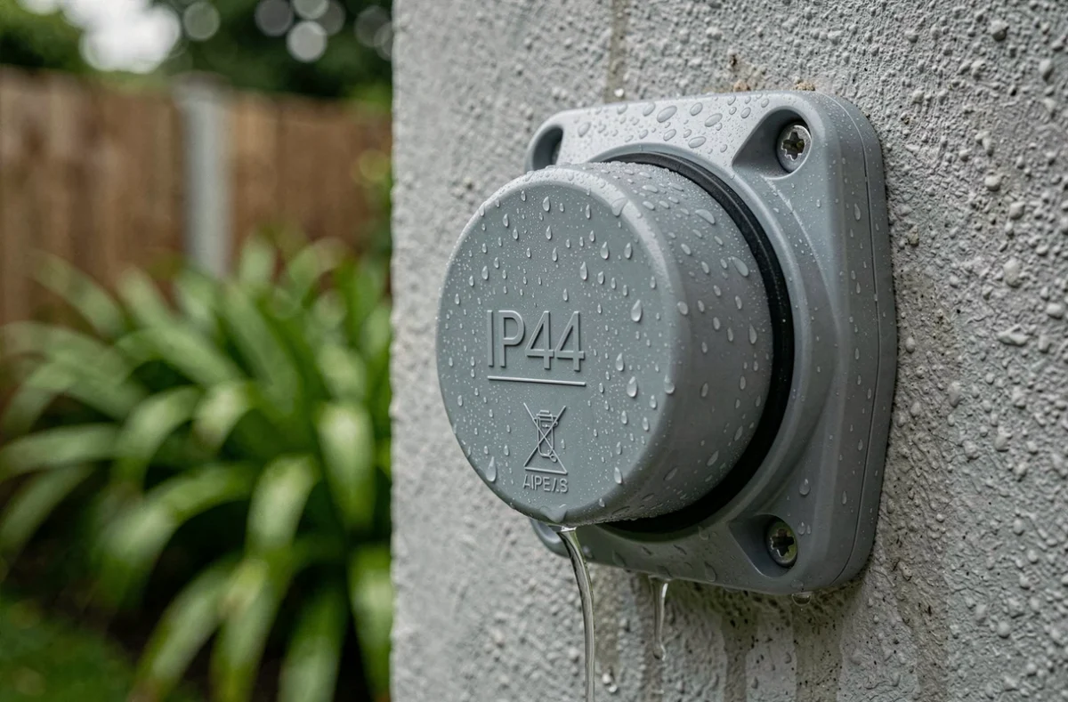 Prise électrique extérieure IP44 avec gouttelettes d'eau et poussière sur mur en béton