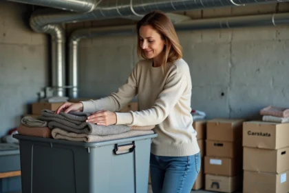 Femme organisée rangeant des pulls dans un sous-sol propre