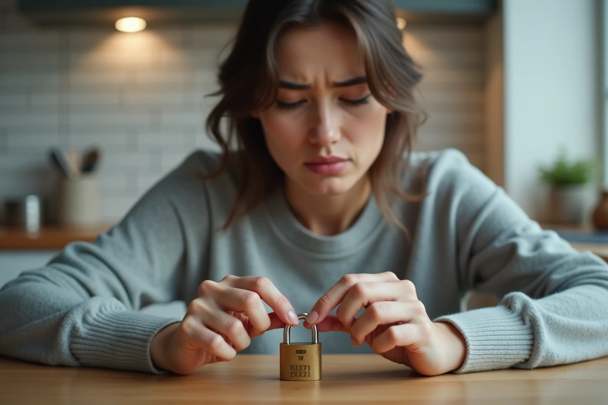 Femme essayant de réinitialiser un cadenas à combinaison 3 chiffres dont le bouton est défaillant