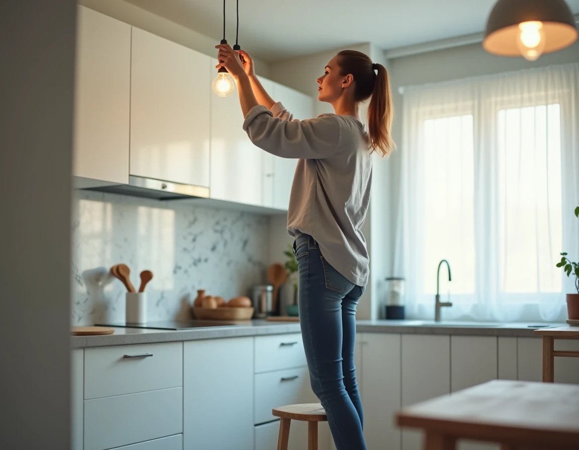 Femme remplaçant une ampoule dans un luminaire de cuisine en toute sécurité
