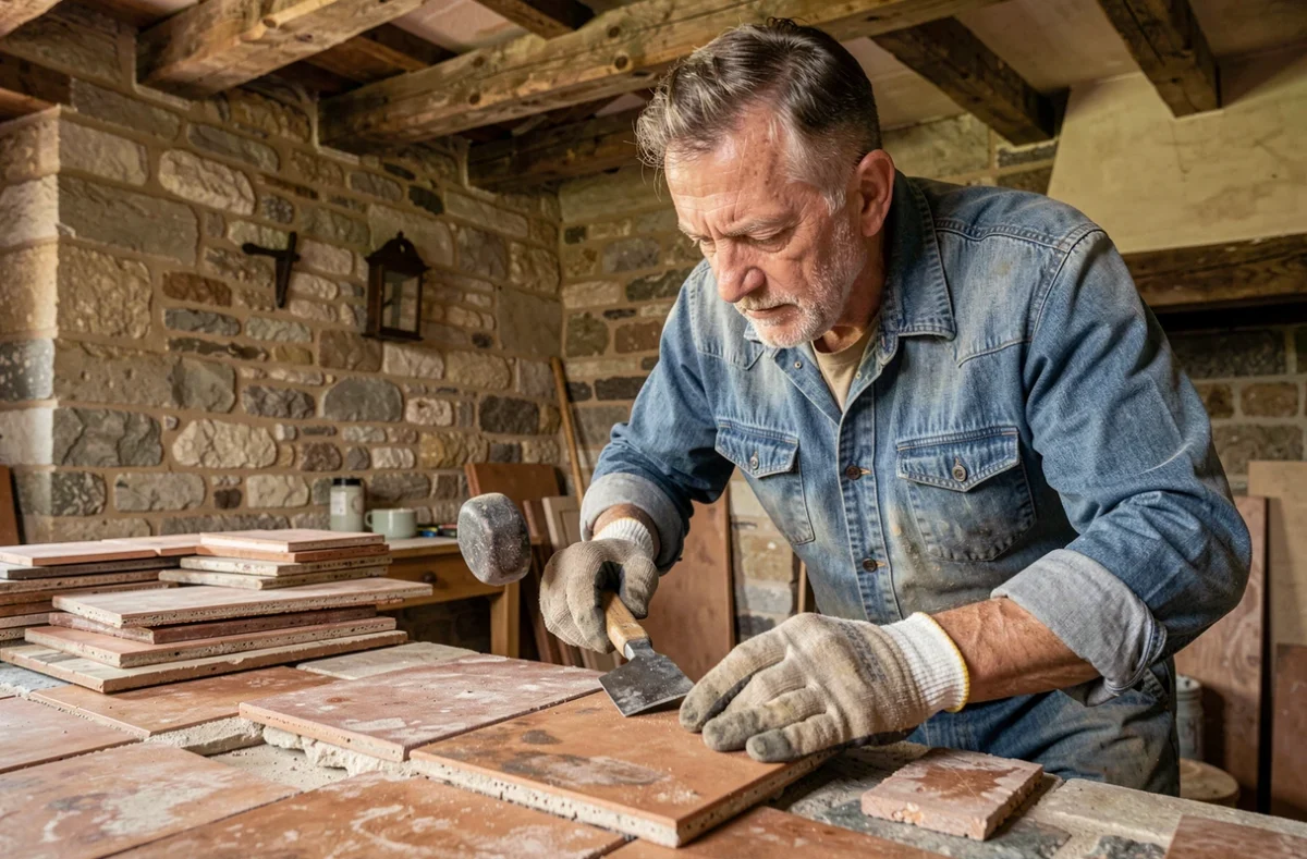 Artisan spécialisé en rénovation de Rénov d'Antan retirant délicatement d'anciens carreaux en terre cuite dans une ferme historique française