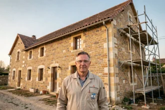Entrepreneur en rénovation devant une maison charentaise en pierre restaurée en Charente