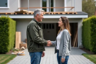 Hommes et femme se serrant la main devant une maison en rénovation