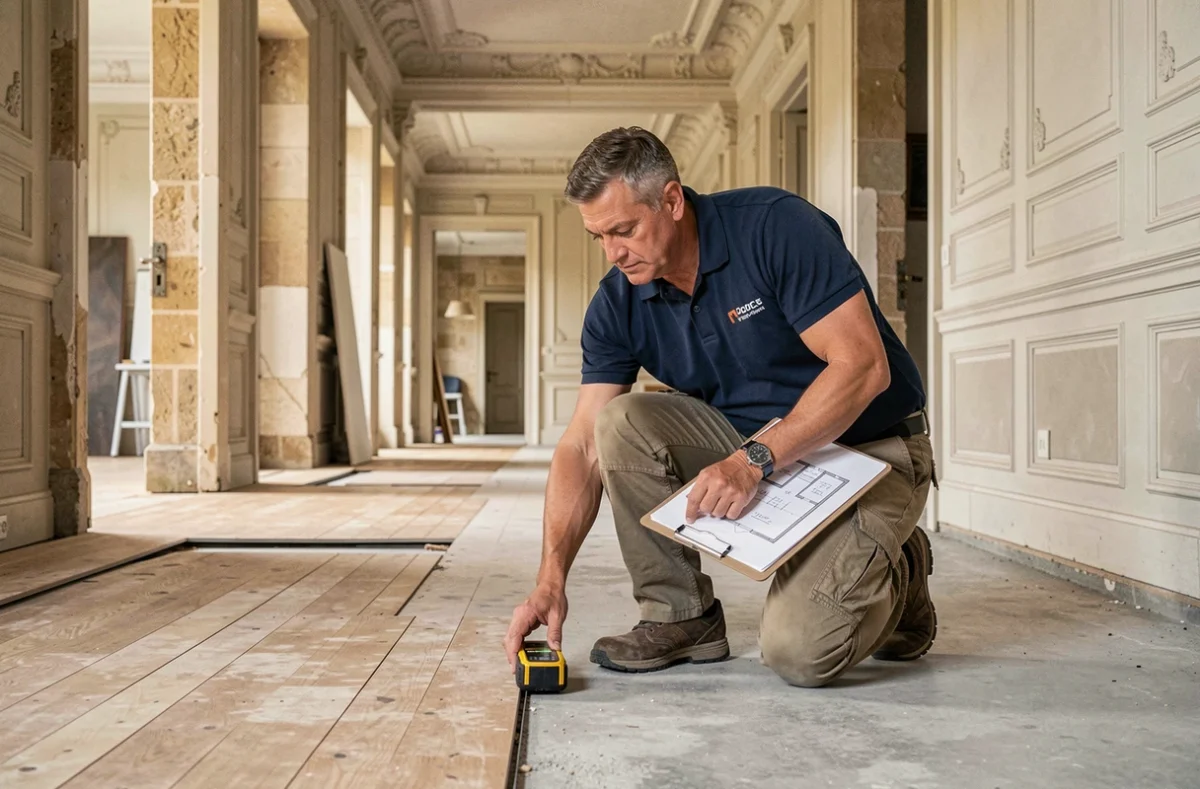 Spécialiste en revêtements de sols et murs de l'Est de la France mesurant au laser un grand couloir d'une maison en rénovation